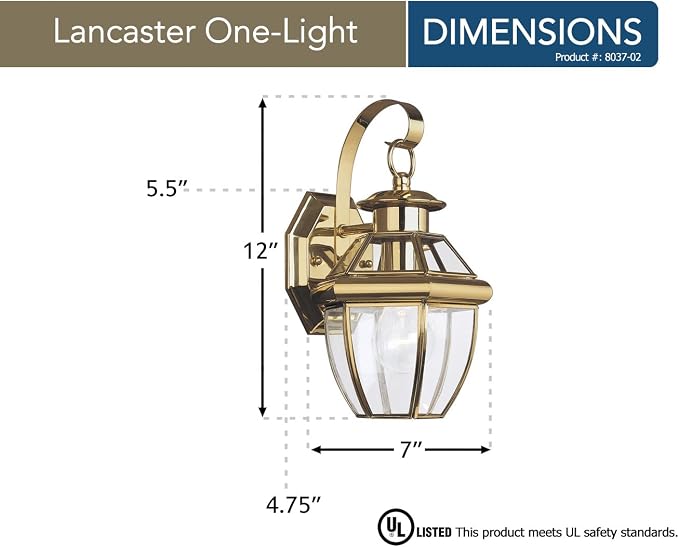 Generation Lighting 8037-02 Lancaster Traditional One - Light Outdoor Wall Lantern Outside Fixture, Polished Brass Finish, 1-Light, cETL Listed, Safety Rated for Wet Locations