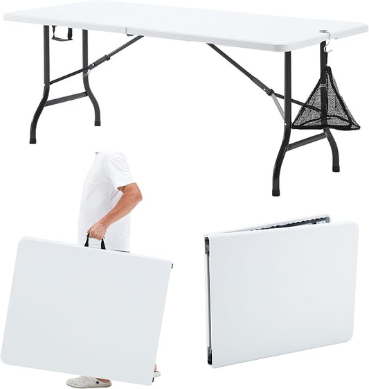 VECELO 6Ft Folding Table,Indoor Outdoor Portable Picnic Plastic Table with Mesh Trash Bag,Heavy Duty Foldable Camp Desk with Handle Legs for Dining Wedding&Party,Pearl White