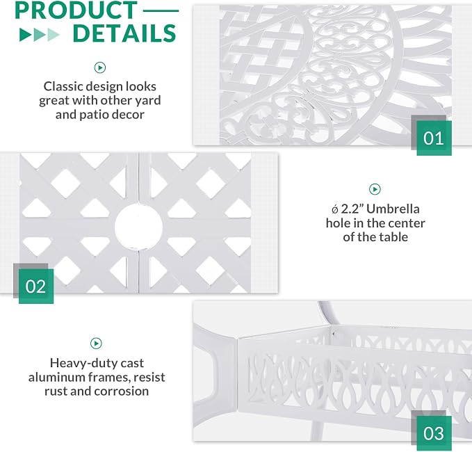 VIVIJASON 9-Piece Patio Furniture Dining Set, All-Weather Cast Aluminum Outdoor Conversation Set Include 8 Swivel Dining Chairs and an Oval Table with Umbrella Hole, White/Green Cushion