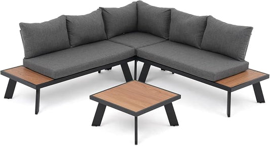 SUNSITT 4-Piece Outdoor Patio Furniture Set L-Shaped Aluminum Sectional Sofa with Faux Wood Grain Top Coffee Table, All-Weather Patio Conversation Set with Cushions, Dark Grey