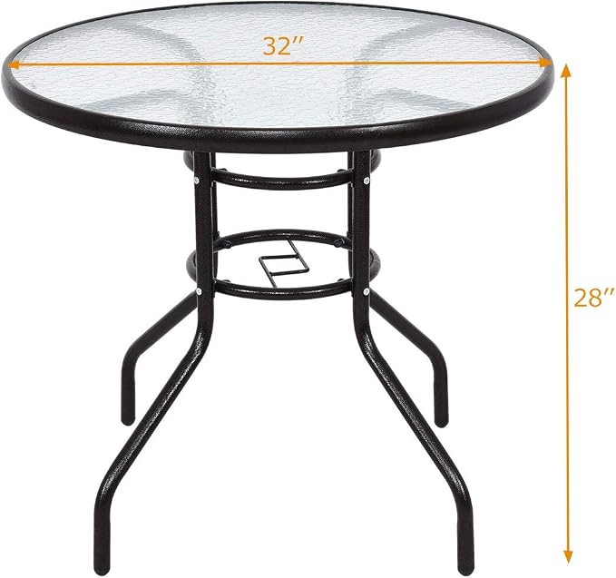 Tangkula 32-Inch Round Patio Dining Table with Tempered Glass Top, Metal Frame Outdoor Bistro Table with Umbrella Hole, Outside Table for Garden Poolside Balcony Yard