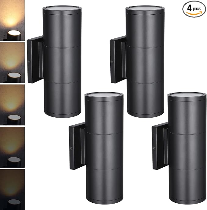 LEONLITE 4-Pack 12 Inch 3000K LED Cylinder Up Down Wall Light Outdoor | 120-277V, Dimmable, Waterproof, Wall Sconce, Exterior Front Door Porch Light, Aluminum, ETL Listed