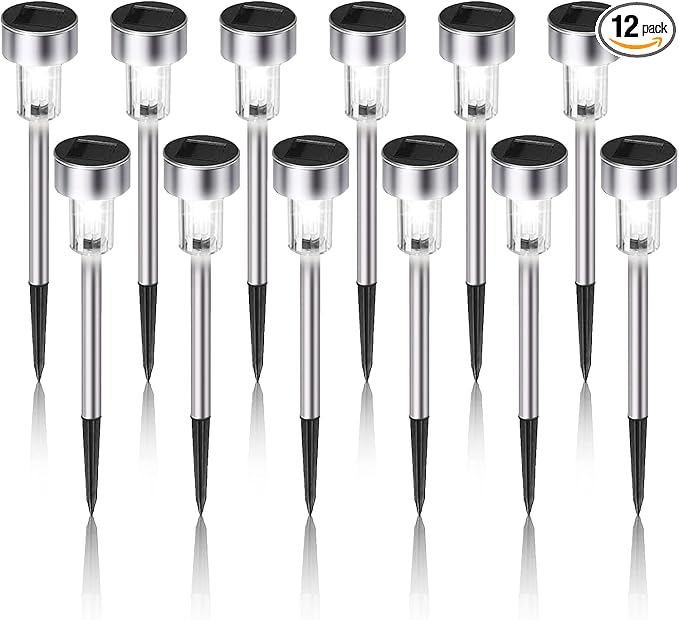 Solar Lights Outdoor Waterproof, Solar Garden Lights, Cold White, 12 Pack | Outdoor Solar Lights Stainless Steel LED Landscape Lighting Decorations for Yard Pathway Patio Lawn
