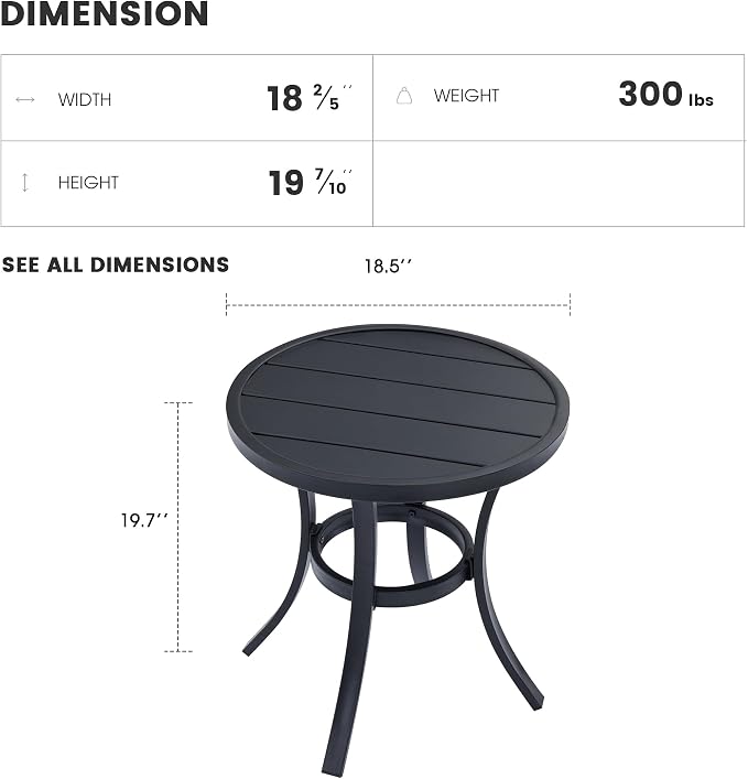 Outdoor Round Side Table, Sturdy & Durable End Table for Indoor and Outdoor, Metal Frame with Smooth Surface, Small Table for Front Porch, Garden, Beach, and Lawn.(Black)