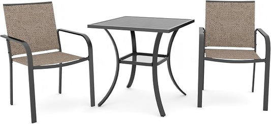 Anmutig 3-Piece Outdoor Dining Set, Small Metal Bistro Table with 2 Stackable Sling Chairs, 27.5 x 27.5 Inch Square Table, White Fabric