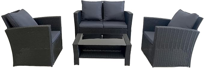 4 Piece Patio Furniture Set, All-Weather Wicker Sectional Conversation Set with Tempered Glass Table & Cushioned Sofa,Outdoor Sofa for Garden, Porch, Backyard (Black-Gray)
