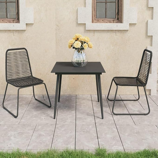 3 Piece Patio Dining Set PVC Rattan Black Outdoor Furniture with Glass Tabletop and Steel Frame for Garden Backyard Balcony