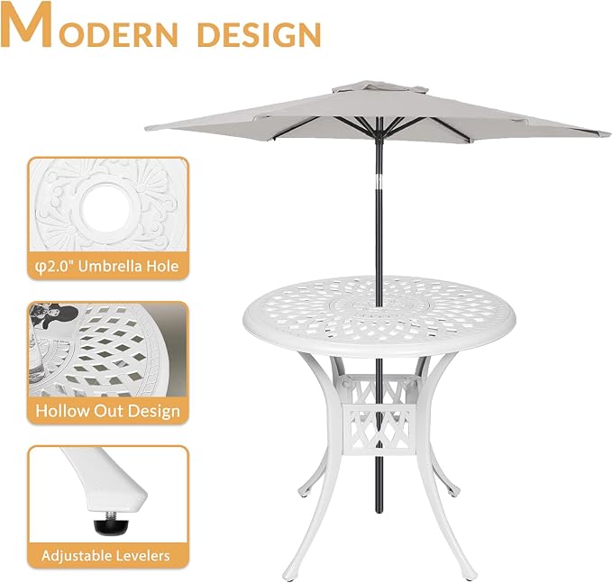 Outdoor Cast Aluminum Patio Table, 31” Round Bistro Table with 2” Umbrella Hole for Patio Furniture Garden Deck Backyard, White
