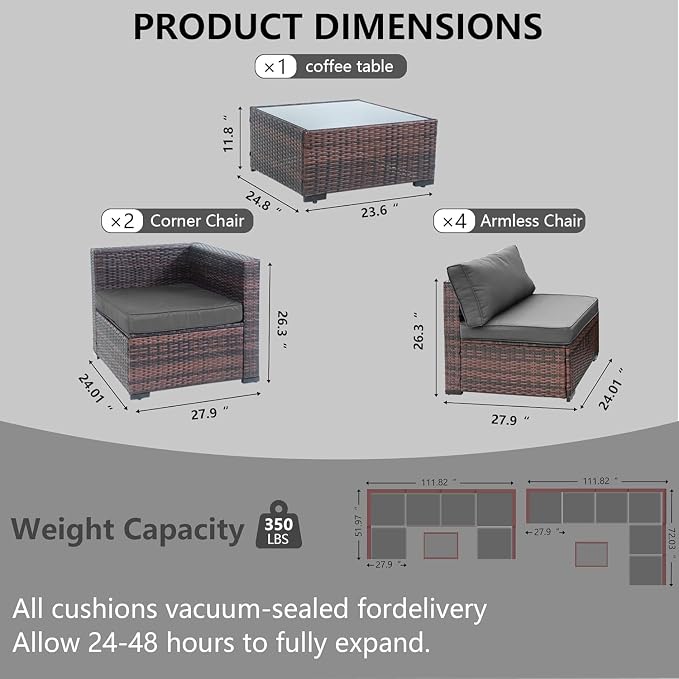 LAUSAINT HOME 7 Pieces Outdoor Patio Furniture, Outdoor Sectional Sofa Patio Furniture Sets Wicker Rattan Patio Conversation Sets with Cushion and Glass Table (Grey)