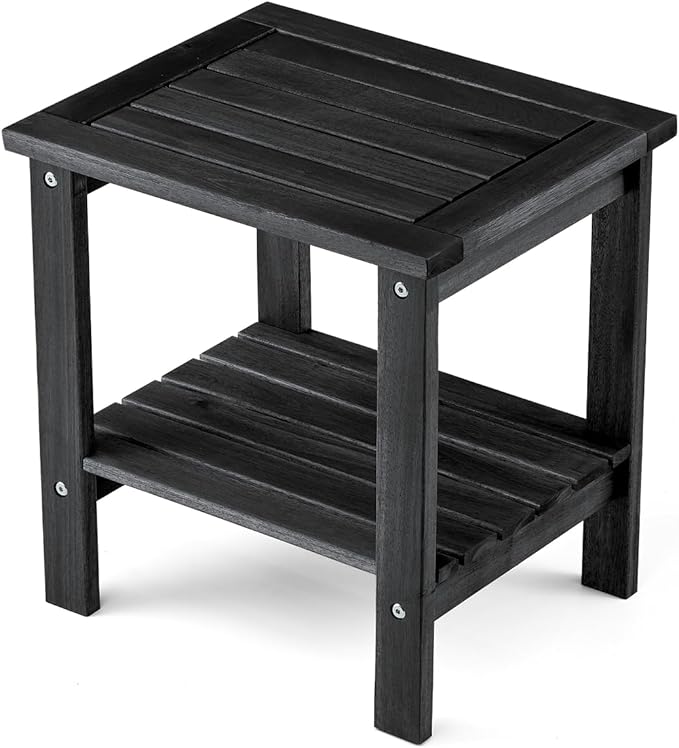 THYOI Premium Acacia Wood Outdoor Side Table, Adirondack Square Patio End Table with 2-Tier Storage Shelf, Weather-Resistant Small Table for Porch, Garden, Backyard, Poolside (Black)