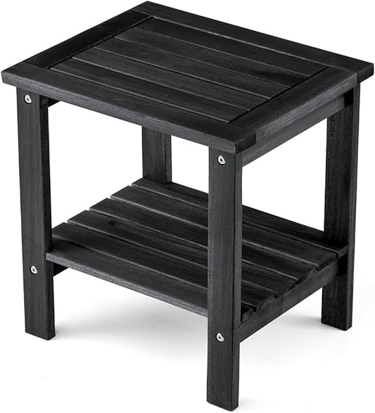 THYOI Premium Acacia Wood Outdoor Side Table, Adirondack Square Patio End Table with 2-Tier Storage Shelf, Weather-Resistant Small Table for Porch, Garden, Backyard, Poolside (Black)