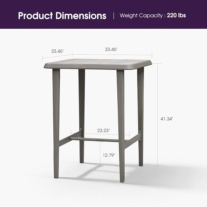 PURPLE LEAF Bar Height Table Patio Square Table Dining Coffee Kitchen Breakfast Bistro Outdoor Pub Bar Table for Garden Balcony, Light Grey