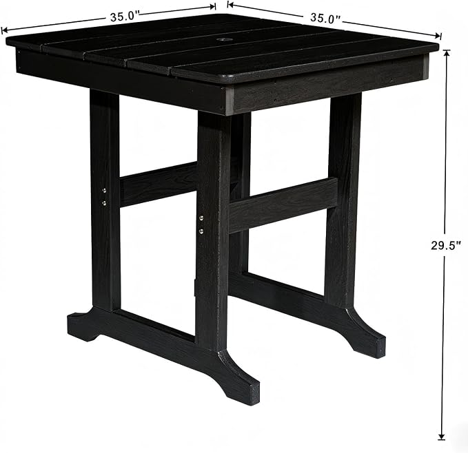 Modern HDPE Patio Dining Table 35x35 Inch Square Outdoor Table with Umbrella Hole, Weather Resistant Furniture for Garden Deck Poolside Yard Lawn, 220 LBS Capacity, Black