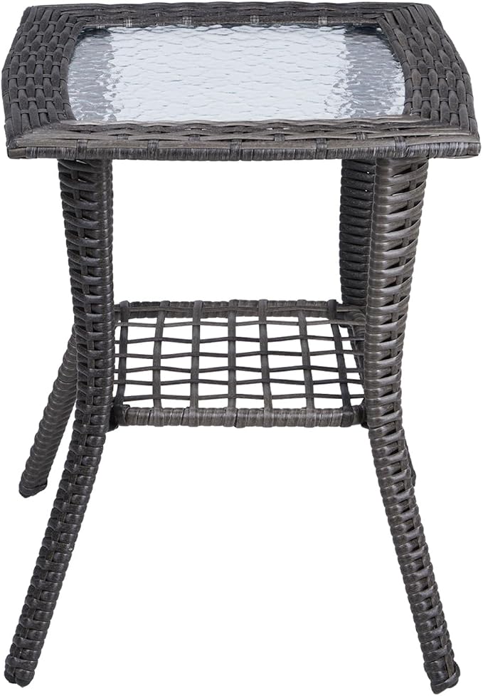 Outdoor Side Table with Storage Wicker Patio Side Table, Tempered Glass Top End Table for Balcony Porch Deck (Grey)