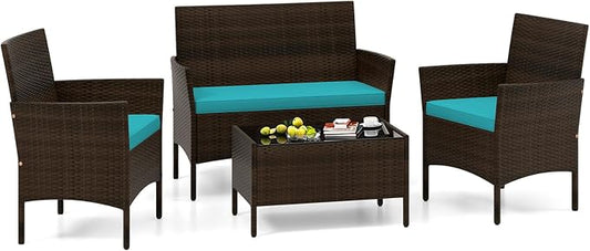 4 Piece Patio Furniture Set, Sectional Conversation Sofa Set with Glass Coffee Table, Cushions & Loveseat, Wicker Outdoor Table and Chairs for Pool, Garden, Deck, Backyard (1, Turquoise)