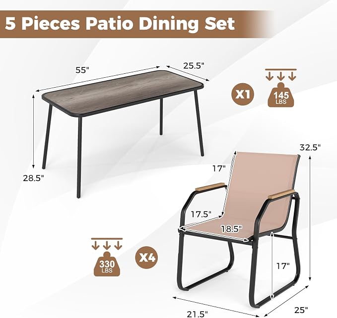 Tangkula 5 Pieces Patio Dining Sets, Outdoor Rectangular Dining Table & 4 Fabric Chairs with Wood-Like Armrests & Metal Frame, Patio Furniture Set for Garden Yard Porch Deck Poolside (Brown)