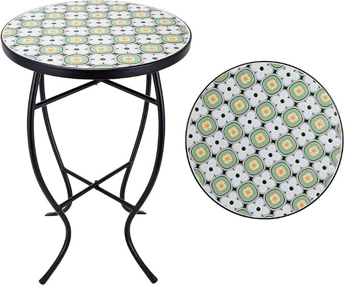 14 Inch Mosaic Patio Side Table with X-Curved Legs, Indoor Outdoor Accent Round End Table with Ceramic Tile Tops for Yard, Garden, Living Room, Bistro, C - Granny Square