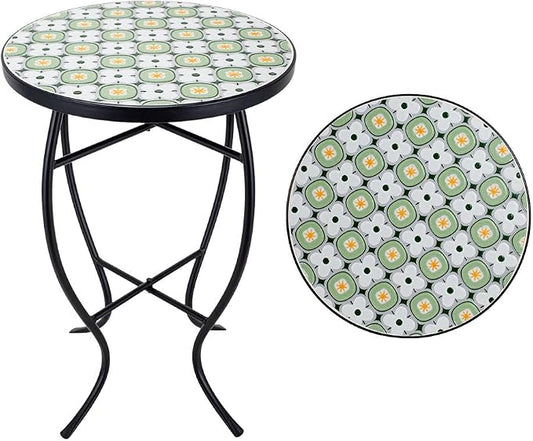 14 Inch Mosaic Patio Side Table with X-Curved Legs, Indoor Outdoor Accent Round End Table with Ceramic Tile Tops for Yard, Garden, Living Room, Bistro, C - Granny Square