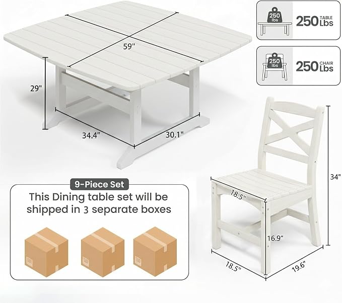 Outdoor Dining Set, HDPE 9-Piece Patio Table and Chairs Set, All-Weather Outdoor Dining Table Set for 8 with Umbrella Hole, Durable Patio Furniture Set with Chairs,White