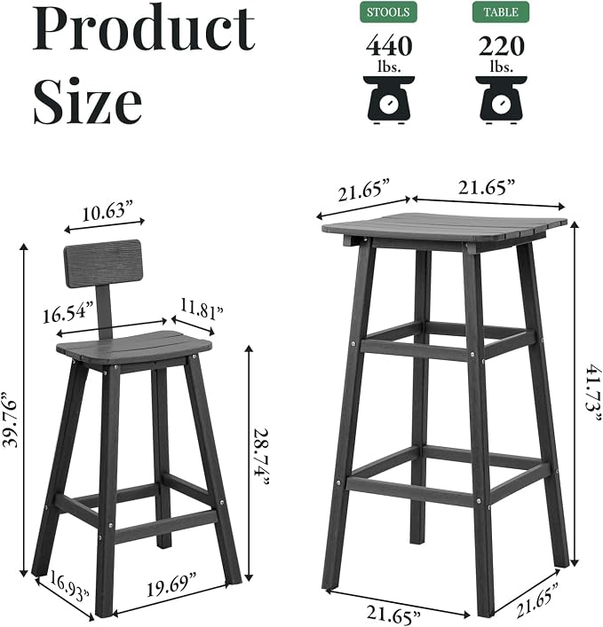 Bar Height Chairs Set of 2, HDPE Front Porch Chairs Set, Weather Resistance Outdoor Bar Stools Set for Spas, Cafes, Swimming Areas, Lodges and Hotels - Black