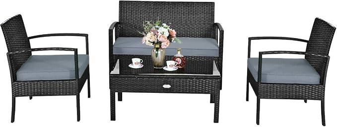 HAPPYGRILL 4-Piece Patio Furniture Set Rattan Wicker Sofa & Coffee Table Outdoor Conversation Set for Patio Garden Poolside
