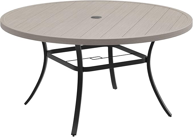 DIFY Patio Round Dining Table, 53" All Weather Round Outdoor Table with 1.57" Umbrella Hole for 8 Person, Perfect for Yard, Balcony and Lawn, Grey Wood-Like