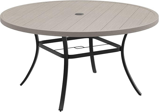 DIFY Patio Round Dining Table, 53" All Weather Round Outdoor Table with 1.57" Umbrella Hole for 8 Person, Perfect for Yard, Balcony and Lawn, Grey Wood-Like