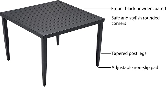 5-Piece Patio All Aluminum Furniture Set, All-Weather Resistant Outdoor Patio Set, 40" Square Dining Table with Umbrella Hole and 4 Dining Chairs Fabric Upholstered, Ember Black