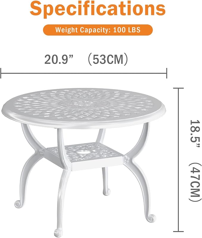 21" Patio Bistro Table, Cast Aluminum Side Table, Outdoor End Table for Garden/Yard/Pool/Porch, White