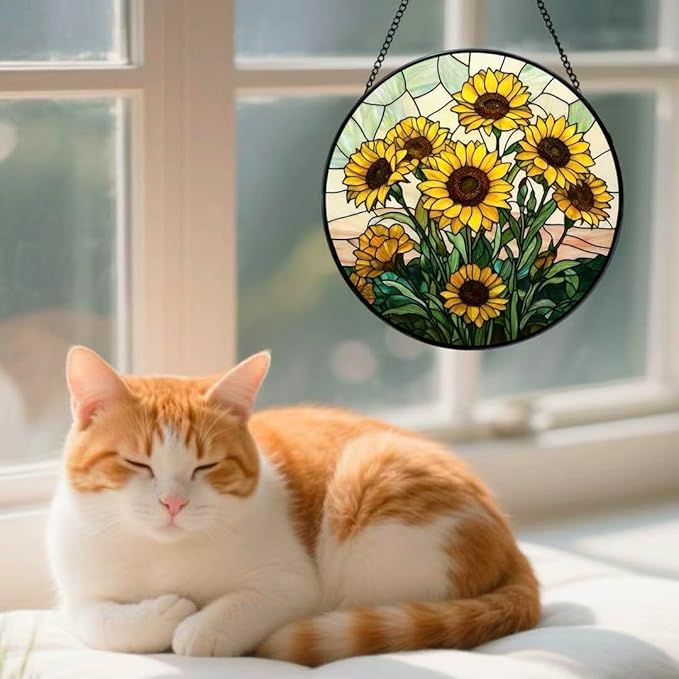Stained Glass Window Hanging - Sunflowers Pattern 6.3 Inches Suncatcher for Garden Home Decor for Women Mon Grandma Friends