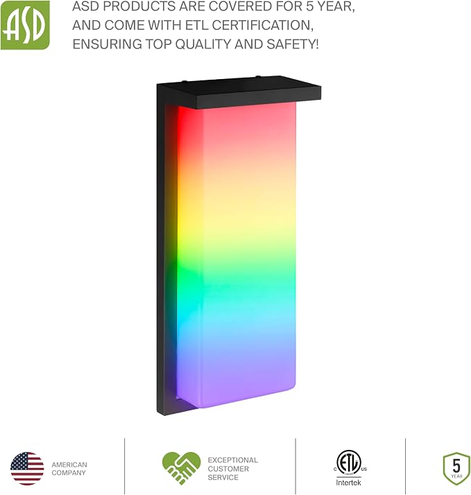 ASD LED 14" Outdoor Wall Light, Smart Front Door House Sconce | RGBW, Work with Alexa, Waterproof, ETL Listed | 20W 1800LM 2700-6500K 100-277V | Exterior Patio Lighting Fixture, Porch Lamp | Black