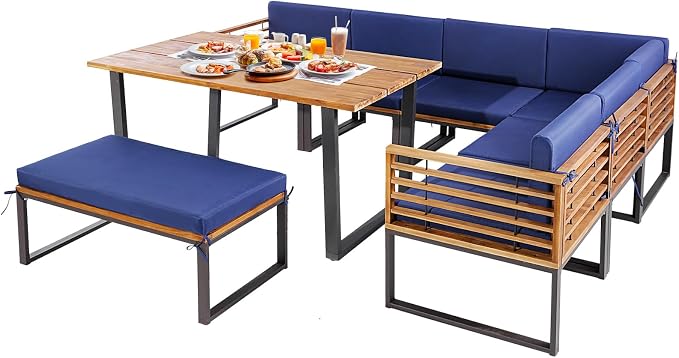 Tangkula Patio Dining Set for 8, Acacia Wood Heavy Duty L Shaped Outdoor Sectional Sofa Set with Soft Padded Cushions, for Backyard Poolside Deck Garden (Navy Blue)