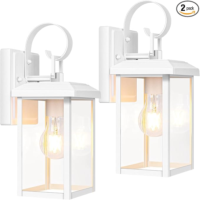 BesLowe 2-Pack Outdoor Wall Light Fixtures, Modern Porch Sconces, White | Waterproof, Rust-Resistant, Durable Metal with Clear Glass, Standard E26 Socket, Easy to Install