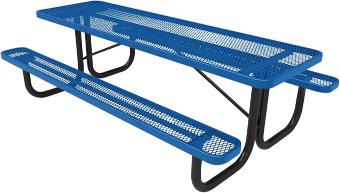 COATEDOUTDOORFURNITURE Heavy-Duty Portable Outdoor Picnic Table, Thermoplastic Coated Expanded Metal Commercial-Grade Patio Dining Furniture Made in America (8ft Rectangular, Textured Light Blue)
