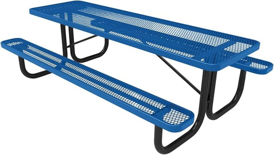 COATEDOUTDOORFURNITURE Heavy-Duty Portable Outdoor Picnic Table, Thermoplastic Coated Expanded Metal Commercial-Grade Patio Dining Furniture Made in America (8ft Rectangular, Textured Light Blue)