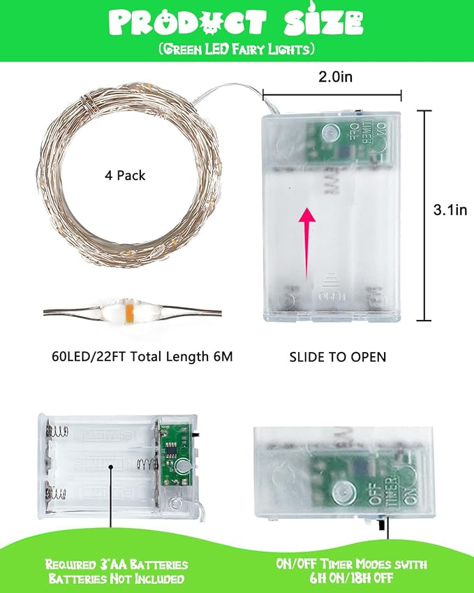 4 Pack 60 LED Fairy Lights Battery Operated with Timer, String Lights Green | 20 FT, Cuttable Copper Wire, Waterproof Battery Lights for Indoor Outdoor, Bedroom, Home DIY, Christmas Halloween Decorations
