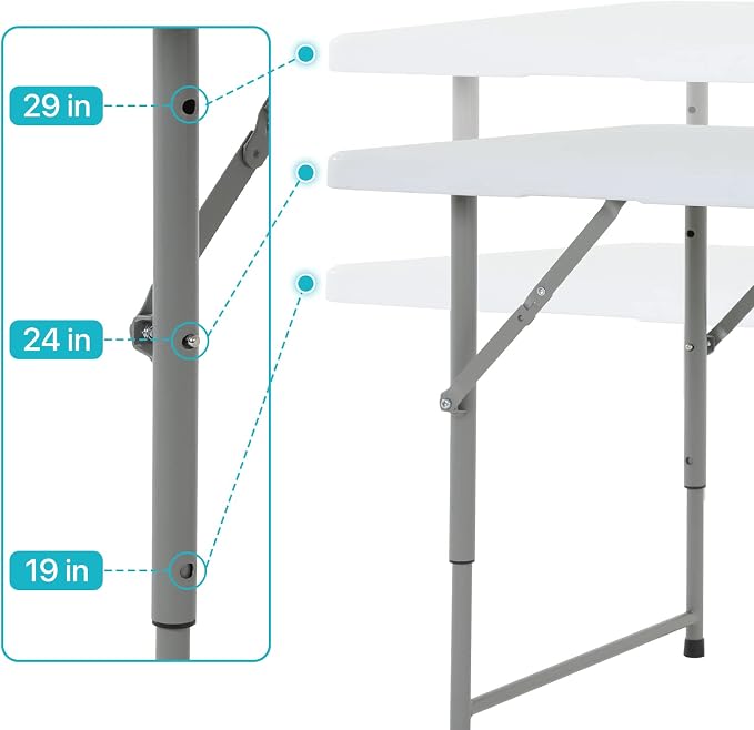 Plastic Folding Table, 4FT, White, Adjustable Height, Indoor/Outdoor, Party Dining, Utility