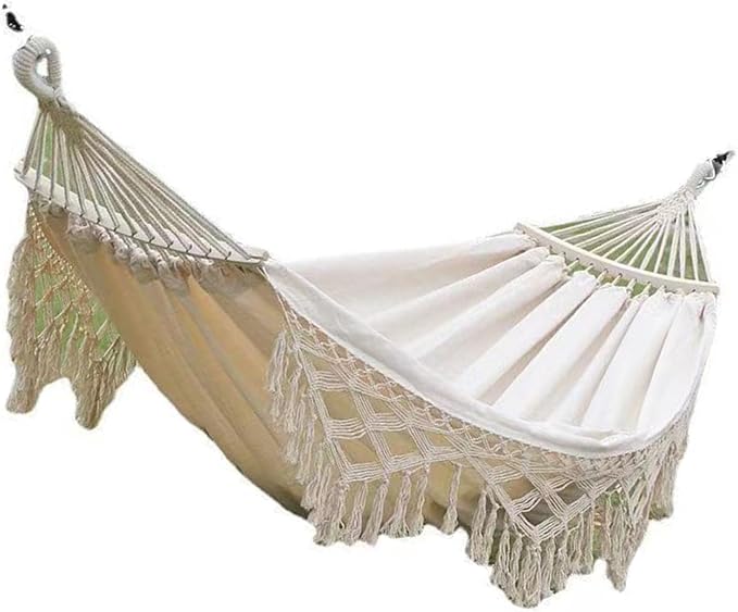 Single Double Hammock with Tassels, 500lb Load Capacity Canvas for Outdoor Garden Patio Camping (White)