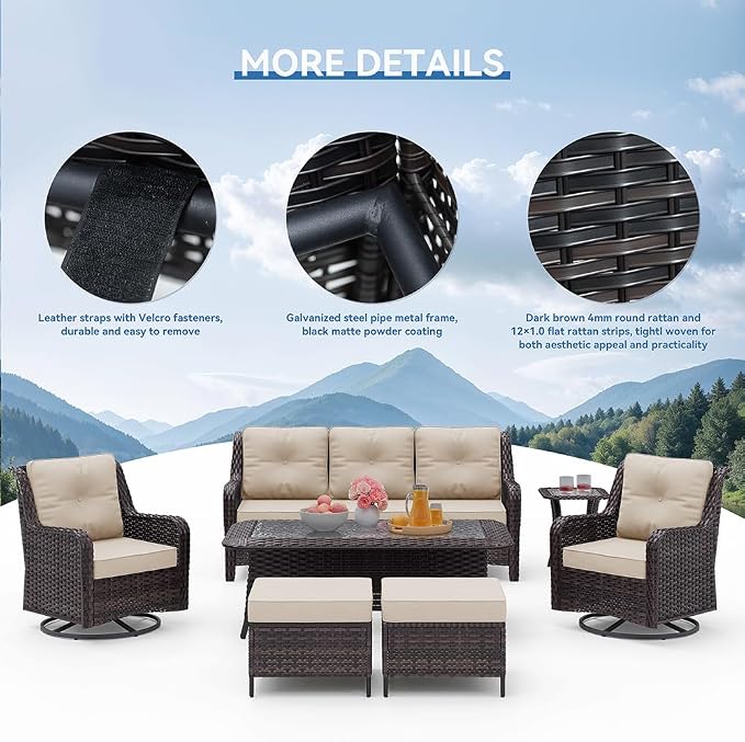 Kurapika 7-Piece Patio Furniture Set, Wicker Thick-Backed Outdoor Swivel Rocking Chair, Includes Coffee Table and Thick Cushions, Conversation Set for Porch,Patio, Sand