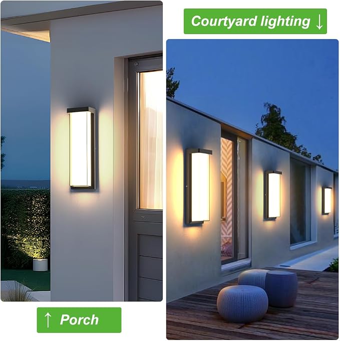 Modern 2Pack Outdoor Wall Light Fixture,16in 10%-100% Dimming LED Porch&Patio Wall Light Fixture,3000K Black Exterior Sconce Light Mounted for House Garage Porch Courtyard(2Packs)