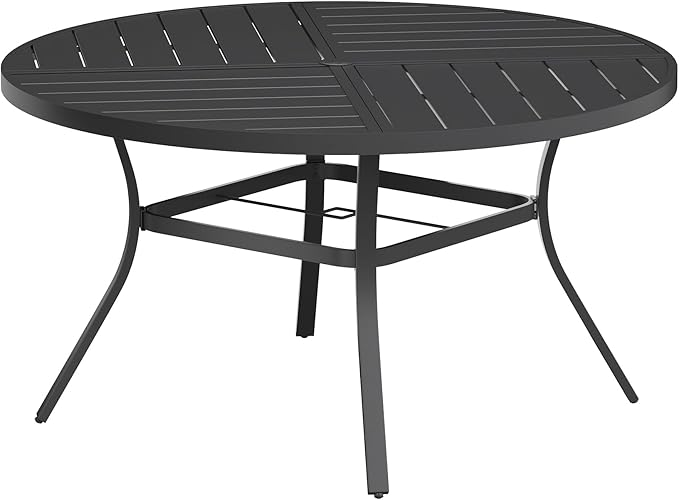 VICLLAX Round Patio Table with Adjustable Umbrella Hole for 6, All Weather 53.1" Metal Outdoor Dining Table for Lawn Garden, Black