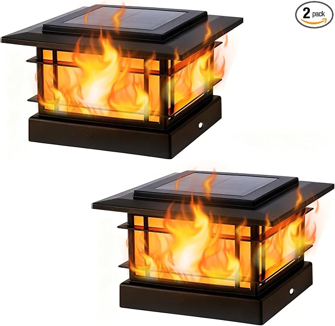 Dynaming 4x4 Solar Post Cap Lights Outdoor with Flickering Flame Light, 2 Pack Black Shell Fence Post Solar Lights Fit 4x4 Vinyl/Wooden Posts, Brightness LED Lighting Decor for Garden Deck Patio