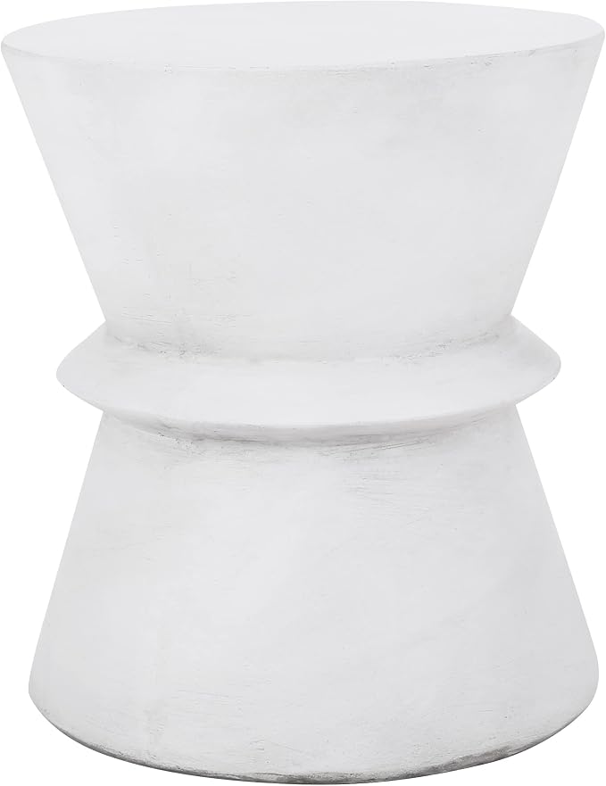 Outdoor Side Table 15.5" Hourglass Shape Lightweight Concrete-Look Outdoor Indoor Accent Table Decorative Garden Stools, for Patio Porch Living Room, White