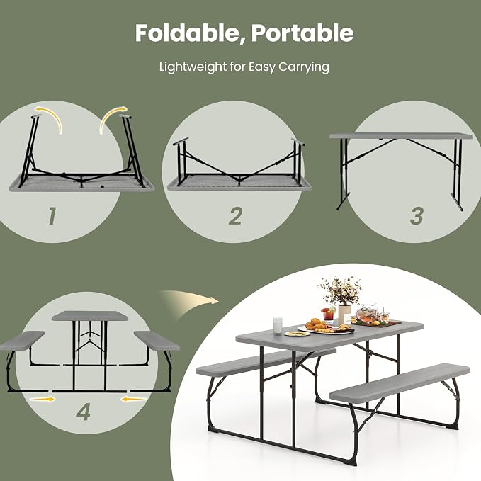 LDAILY Moccha Folding Picnic Table - Portable Picnic Table with Benches, HDPE Tabletop, Metal Frame, Foldable Camping Table, Outdoor Dining Table Set for Garden Party BBQ Patio Table Bench Set (Grey)