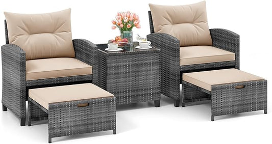 HAPPYGRILL 5-Piece Outdoor PE Rattan Conversation Set, Wicker Patio Furniture Set with Cushion, Ottoman & Coffee Table for Backyard Garden Poolside Lawn Deck Porch (Mix Grey & Beige)