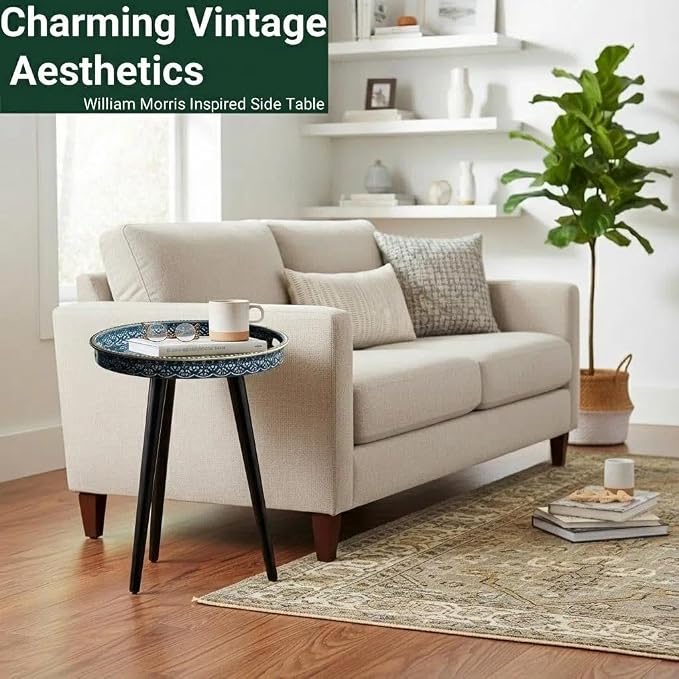 Round Indoor Side Tables with Detachable Wooden 3 Legs, Versatile Tray Table, Perfect for Round Coffee Table Tea, and Relaxation Time 17.7 Inch (33 Blue Maze)
