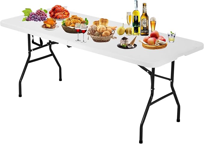 Portable Folding Table 6ft Heavy Duty Plastic Foldable Table with Carrying Handle Outdoor Indoor Plastic Dining Table for Camping and Party Picnic, White
