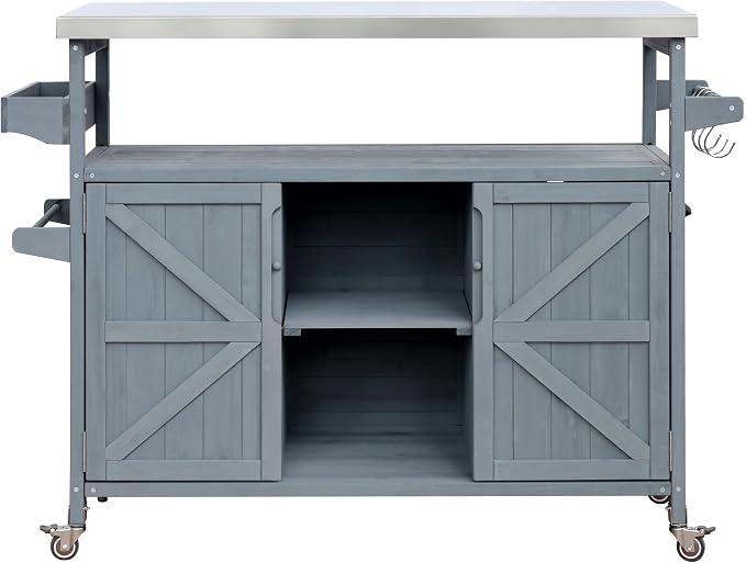 Large Outdoor Rolling Patio Bar Table Cart, Outdoor Kitchen Island Cart Grill Table, Farmhouse Solid Wood Outdoor Serving Cart Prep Table with Stainless Steel Top for Grill/Kitchen, Grey Blue