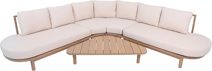 Christopher Knight Home Gemsy 118" Acacia Wood Outdoor Patio Furniture Set with Cushion, Outdoor Half Moon Curved Sectional Sofa Set with Coffee Table, Patio Sectional Sofa Set, Beige + Brown