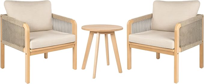 JONATHAN Y Aveiro Coastal 3-Piece Acacia Wood Outdoor Patio Conversation Set, Rope Woven Armchairs with Cushions and Round Side Table for Backyard, Porch, Garden, Light Teak/Beige LVG1204A-3SET